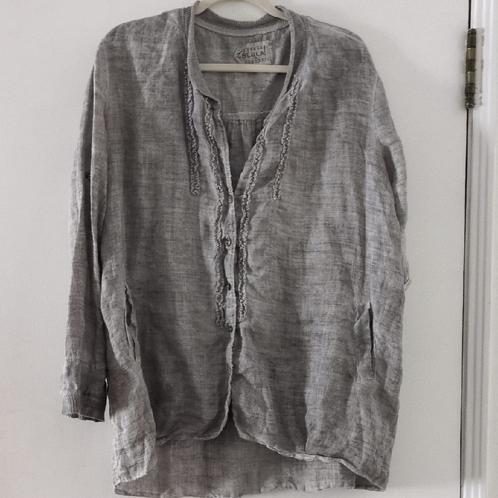 Beulah Gray Linen Feel 100% Ramie Women's Top Blouse Shirt Tunic Sz Medium